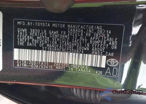 2014 Toyota Corolla L из США, поврежденный, VIN 2T1BURHE9EC200874